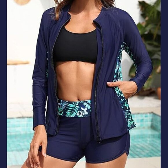 Daci Women Coconut Print 2 Piece Rash Guard LS Swimsuit UV Block Blue Leaves XL - Picture 2 of 7